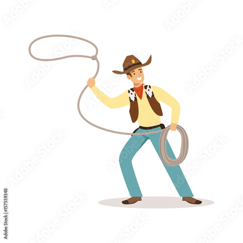 Man in American traditional costume with lasso western cartoon character vector Illustration
