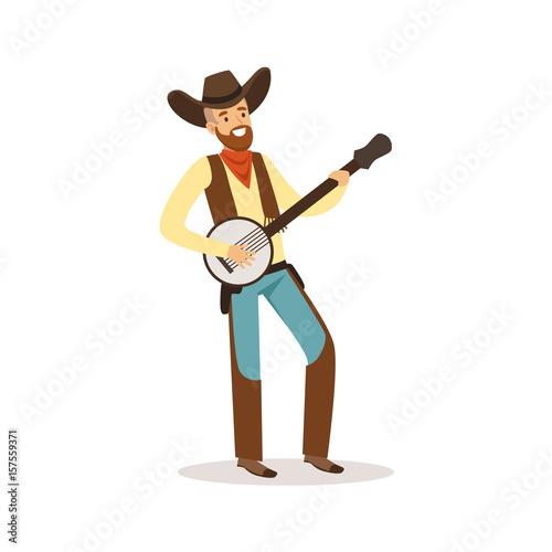 Smiling cowboy playing banjo western cartoon character vector Illustration