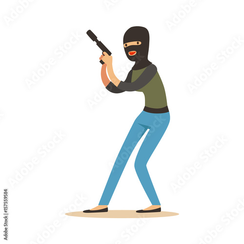 Thief in a black balaclava holding gun, robbery colorful character vector Illustration