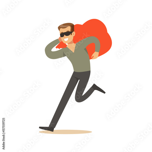 Thief in a black mask carrying an orange bag, robbery colorful character vector Illustration