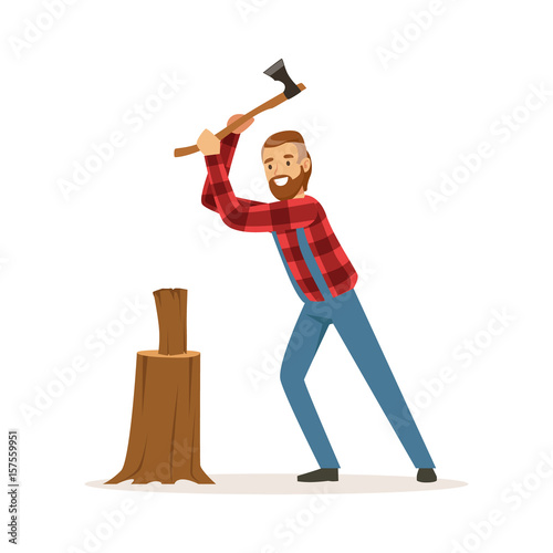 Lumberjack chopping wood with an axe colorful character vector Illustration