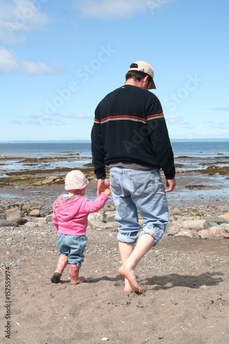 Un père et sa fille ce promène sur la plage par une belle journée