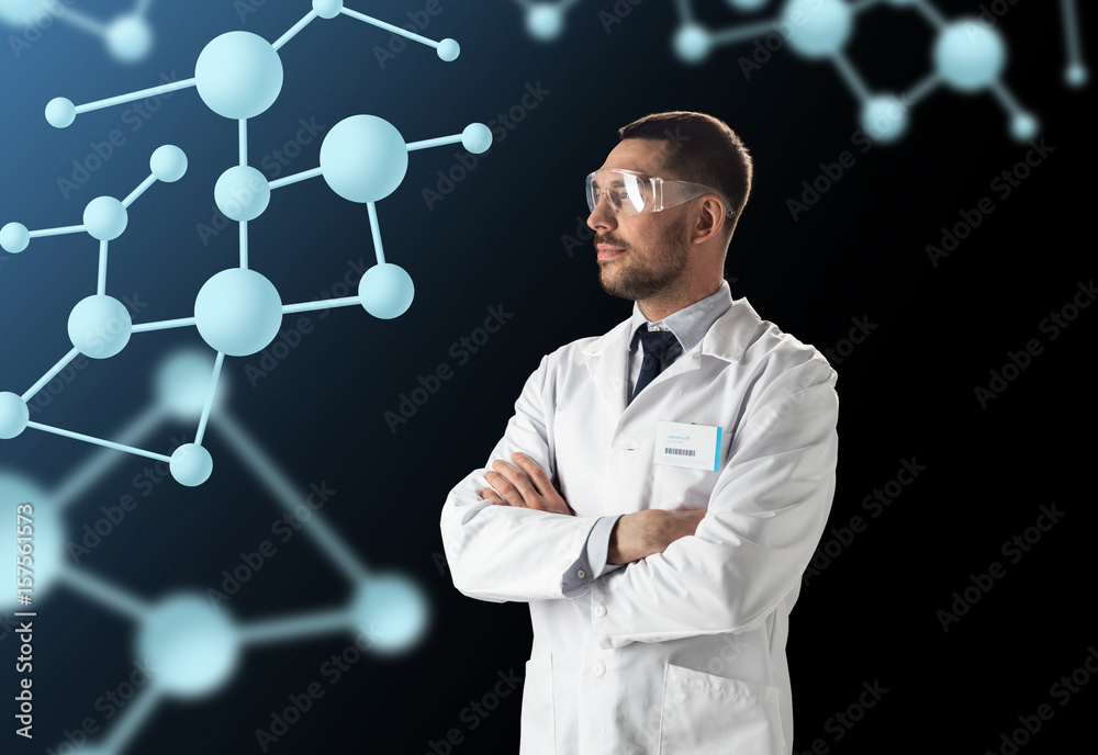 scientist in lab coat and goggles with molecules scientist in lab coat and goggles with molecules