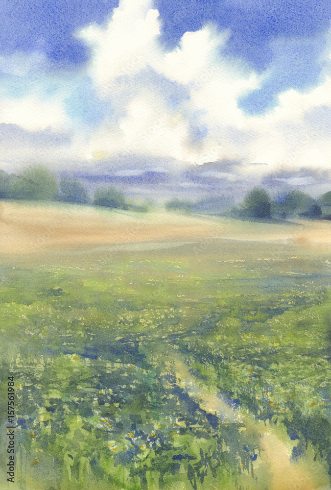 summer meadow landscape watercolor