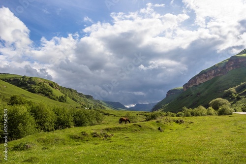 Горный пейзаж, живописная долина в горах, красивый вид на зеленые холмы, небо в облаках, панорама горной местности, дикая природа Северного Кавказа © Ivan_Gatsenko