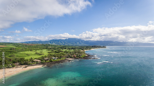 Aerial view of the Ocean and beaches on the north shore of Oahu Hi.