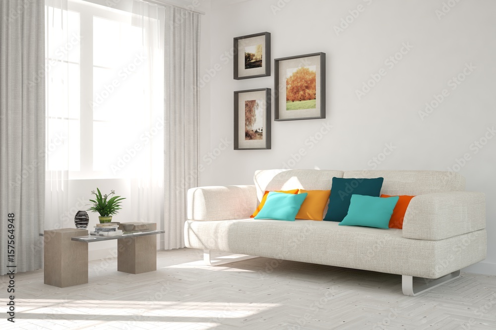Obraz premium White modern room with sofa. Scandinavian interior design. 3D illustration