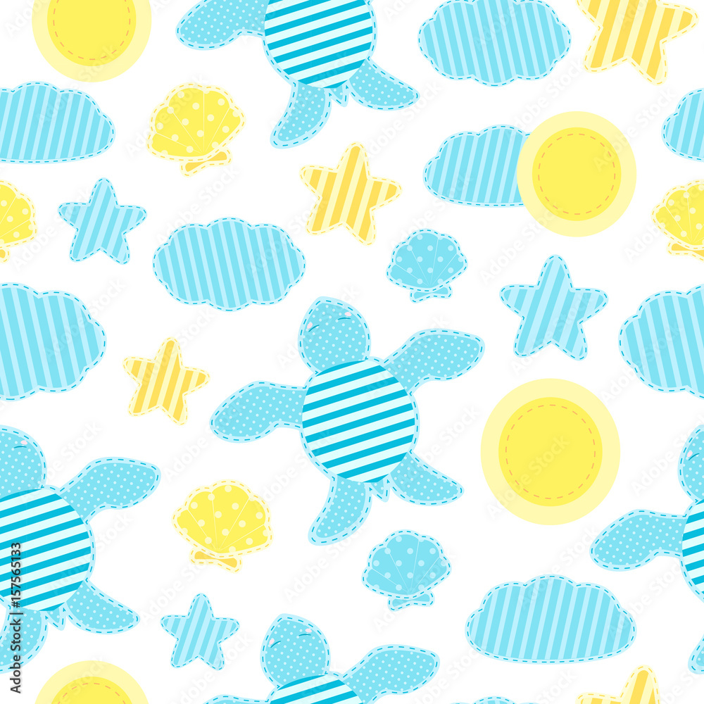 Children's summer pattern in patchwork style. Turtles with striped shell. Blue and yellow colors