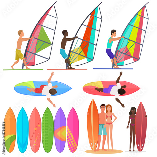 Surfer people collection. Surfboards, top and front views of riding on the waves. Surfing couple Vector illustration.