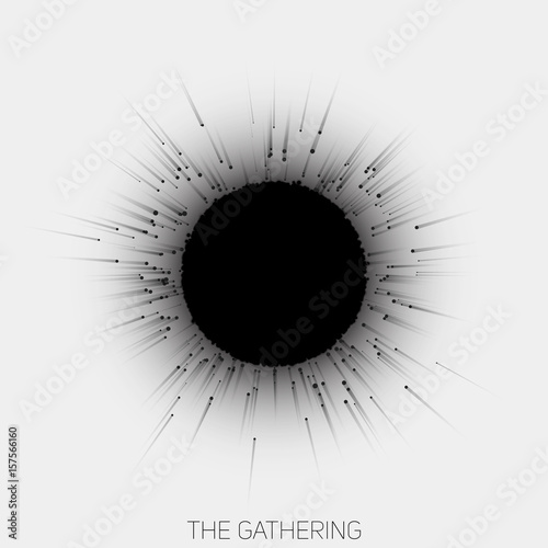 Gathering of point with trails to central object. Nuclear reaction vector illustration. Abstract black and white concept of collaboration. Magnetic attraction of objects to central formation
