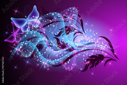 Floral ornament with butterflies and glowing smoke