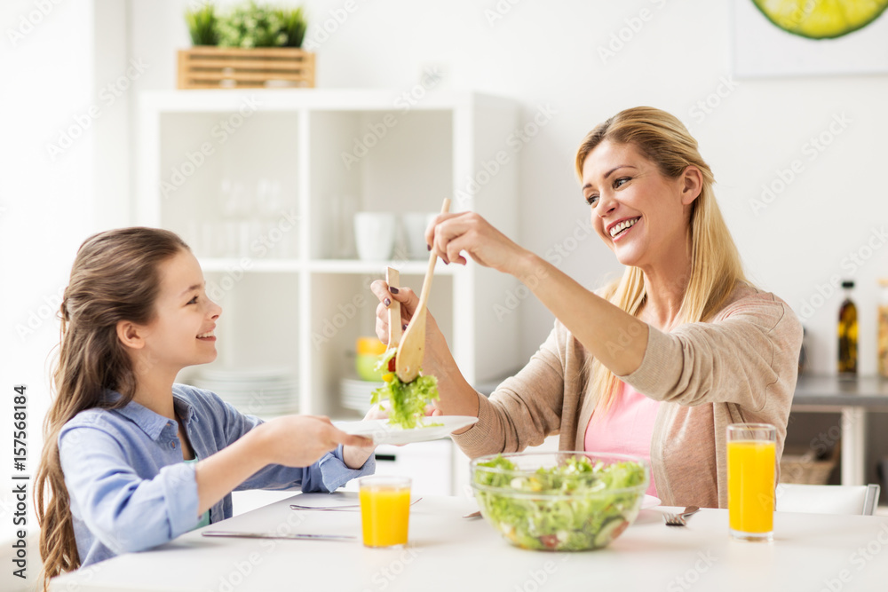 happy family eating salad at home kitchen happy family eating salad at home kitchen