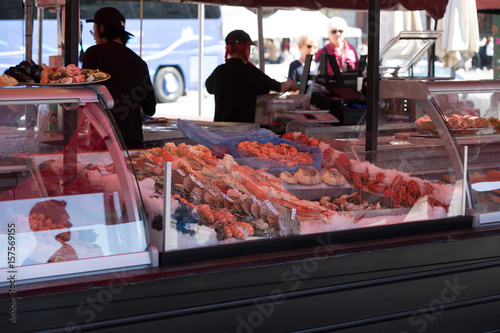 BERGEN MARKET SQUARE, NORWAY - MAY 27, 2017: Grocery stores that sell their goods to tourists a nice summer day in May.