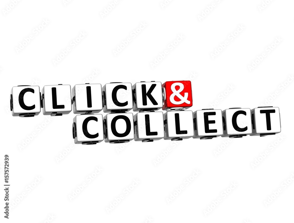 3D Block Text CLICK AND COLLECT over white background. 3D Block Text CLICK AND COLLECT over white background.