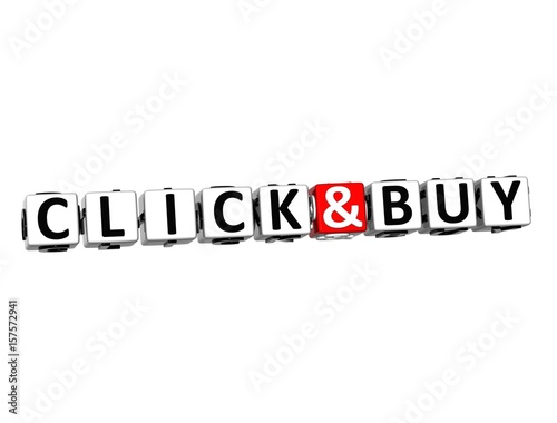 3D Block Text CLICK AND BUY over white background.