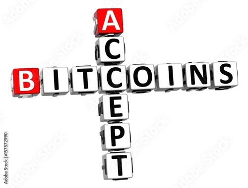 3D Crossword Bitcoins Accept over white background.