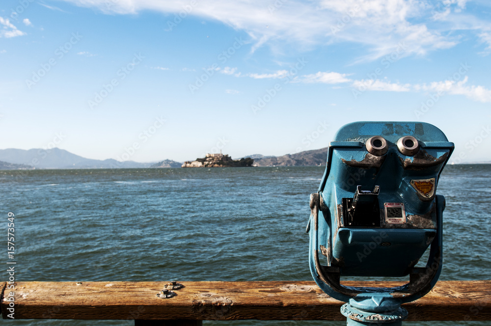 An old tower viewer overlooking Alcatraz in the beautiful city of San Francisco.