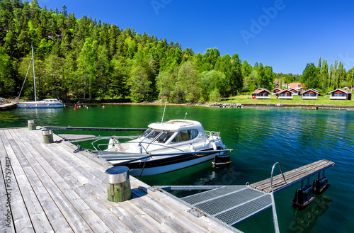 Swedish lake harbor in spring scenery