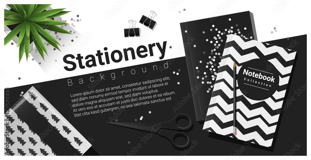 Creative scene with black and white stationery background , vector , illustration