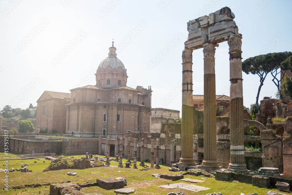 Forum, Roman ruins with cityscape of old Rome