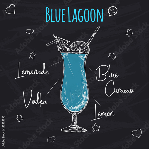 Simple recipe for an alcoholic cocktail Blue Lagoon. Drawing chalk on a blackboard. Vector illustration of a sketch style.