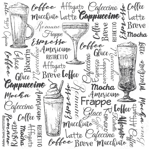 The names of different types of coffee. Different coffee cocktails. Vector illustration of a sketch style.