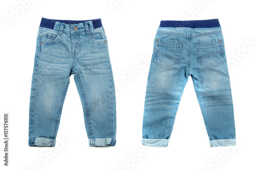 Front and back view of children's blue jeans, isolated on white