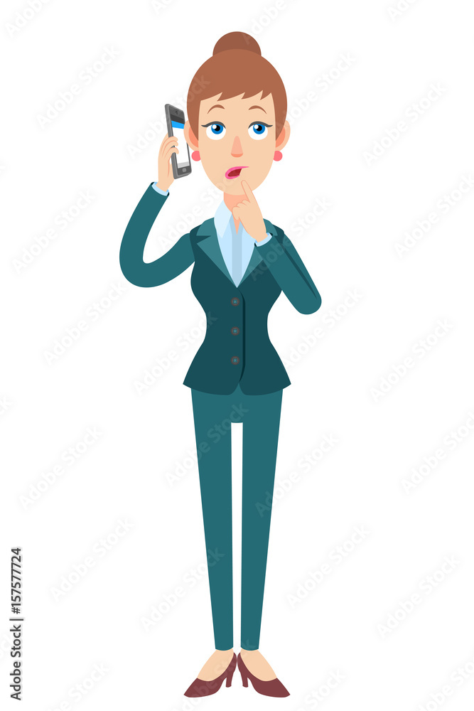 Businesswoman talking on mobile phone and standing with his finger to his lips