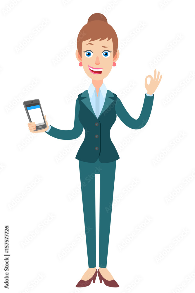 Businesswoman holding mobile phone and showing a okay hand sign Businesswoman holding mobile phone and showing a okay hand sign