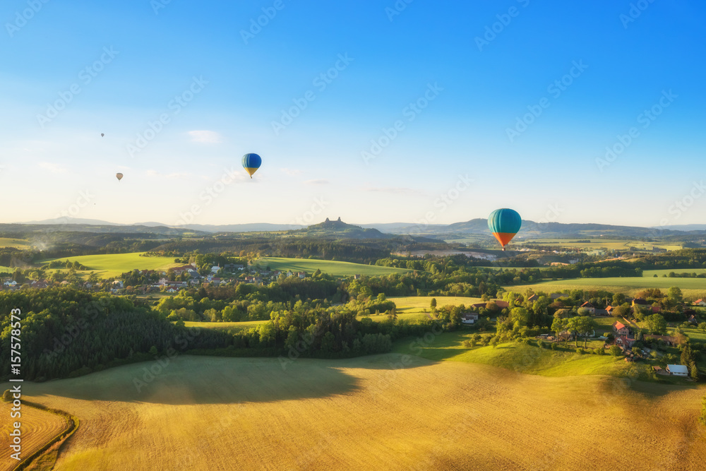 Obraz premium Group of hot air balloons flying above rural countryside