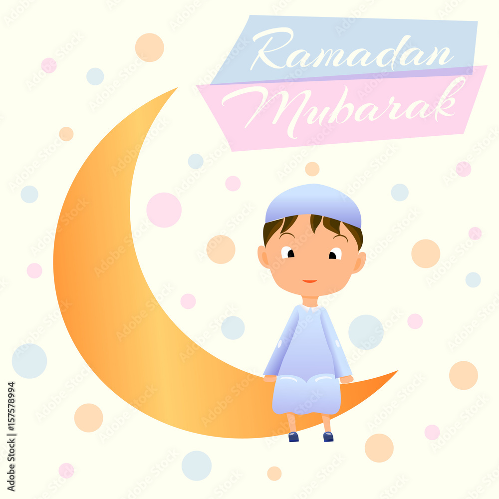 Ramadan Kareem greeting card for Muslim Celebration Muslim Boy on Moon Crescent Card with wish words Ramadan Moon Ramazan w Garland and Smiling Muslim Child in Djellaba. Stock Vector | Ramadan Kareem greeting card for Muslim Celebration Muslim Boy on Moon Crescent Card with wish words Ramadan Moon Ramazan w Garland and Smiling Muslim Child in Djellaba. Stock Vector |