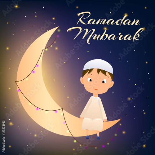 Ramadan Kareem greeting card for Muslim Celebration Ramazan.Happy Muslim Kid on Moon Crescent Card with wish words Ramadan Mubarak.Crescent Night Ramazan,Garland and Smiling Muslim Child in Djellaba.