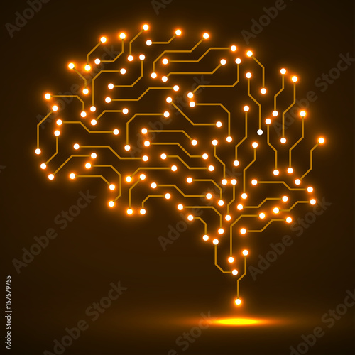 Technological neon brain. Circuit board. Abstract vector background