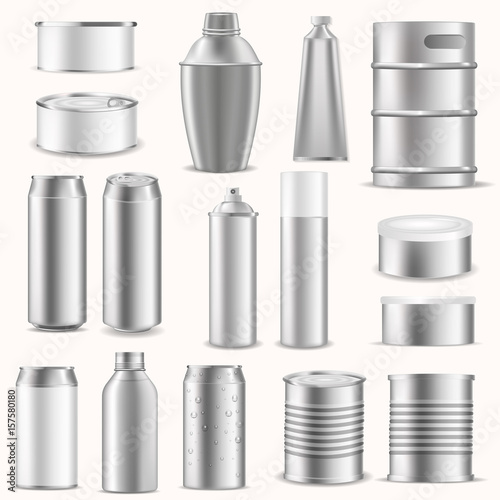 Empty pack boxes realistic template 3d advertising presentation blocking silver aluminium packing vector illustration