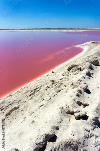 Pool of pink water for salt production near Rio Lagartos, Mexico photo