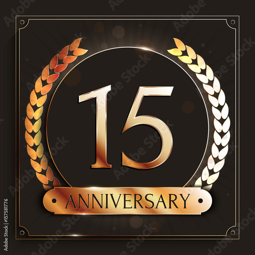 15 years anniversary gold logo on dark background. Vector illustration. photo