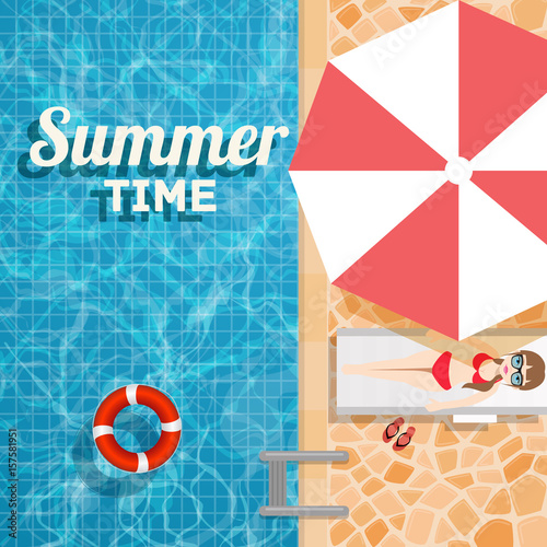 Invitation to a water party in the summer pool. Vector design illustration swimming pool with inflatable ring and a sunbathing girl under an umbrella