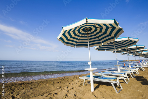 Beach umbrellas in Santa Severa on the Tyrrhenian Sea in Italy