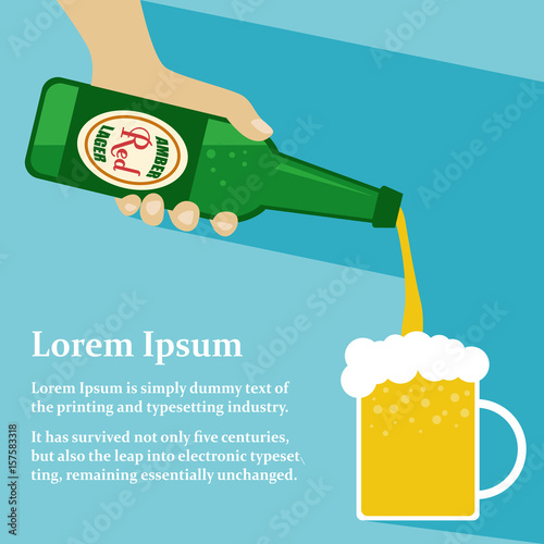 Hand holding bottle pouring beer into mug with copyspace for text, flat design