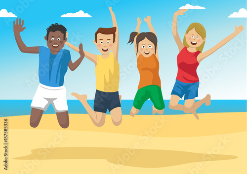 Group of friends together jumping on the beach enjoying summer vacation