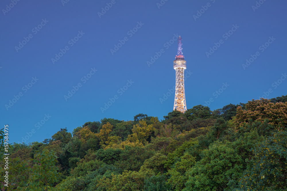 Obraz premium Prague Lookout Tower after Dark. Built on Petrin hill, sometimes also called small Eiffel Tower.