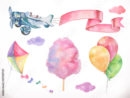 Watercolor air. Kite, airplane, cotton candy and clouds, balloons. Vector icon set