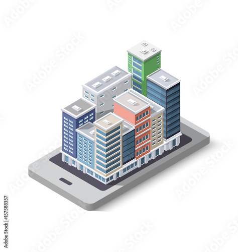 City phone concept business idea. 3d isometric skyscraper of city for web navigation and location