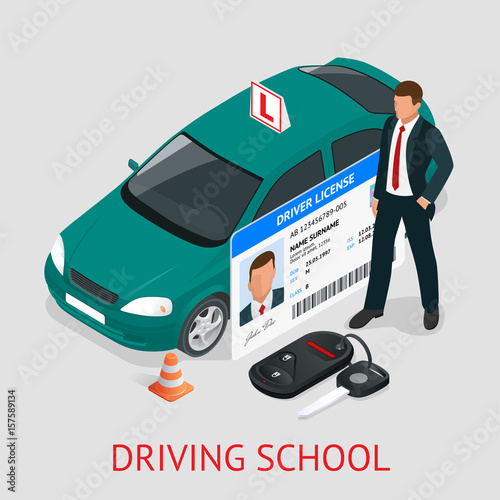 Design concept driving school or learning to drive. Flat isometric illustration