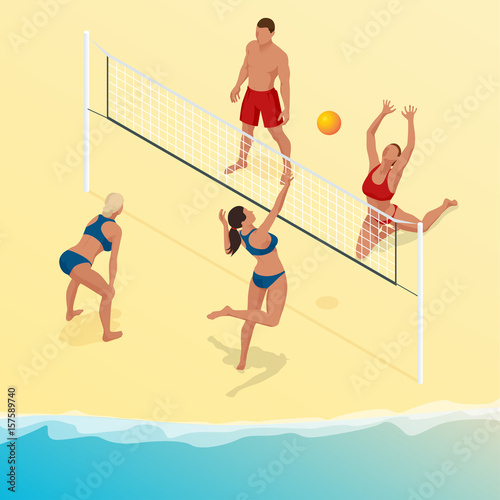Beach volley ball player jumps on the net and tries to blocks the ball. Summer active holiday concept. Vector isometric illustration