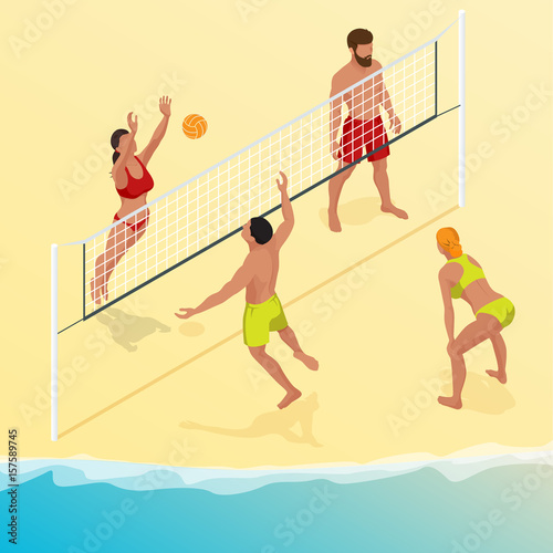 Beach volley ball player jumps on the net and tries to blocks the ball. Summer active holiday concept. Vector isometric illustration