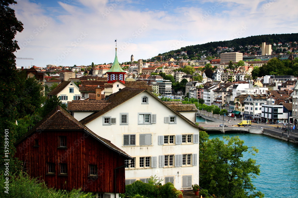 Colorful cityscape of Zurich Altstadt or old town with historic buildings on the river bank of Limmat, from Lindenhof hill, Switzerland, Europe