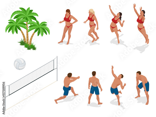 Figures of people when playing volleyball. Beach volley ball concept. Vector isometric illustration