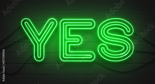 flickering blinking green neon sign on brick wall background, yes affirmative sign