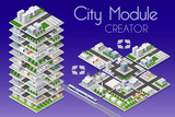 City module creator isometric concept of urban infrastructure business. Vector building illustration of skyscraper and collection of urban elements architecture, home, construction, block and park